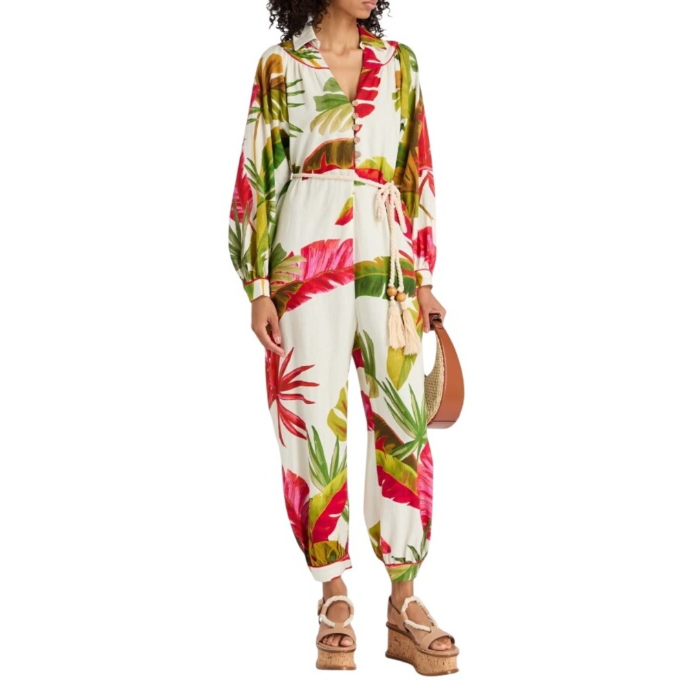 FARM Rio Women's Spring Forest V Neck Collared Linen Blend‎ Jumpsuit Size XS NWT